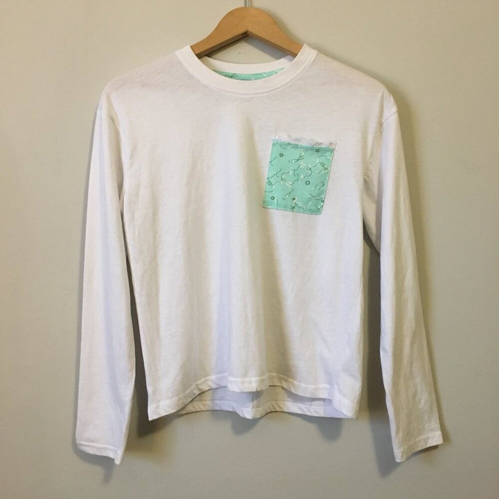 Cottagecore White Jersey Cotton Top With Mint Green Contrast Pocket Small